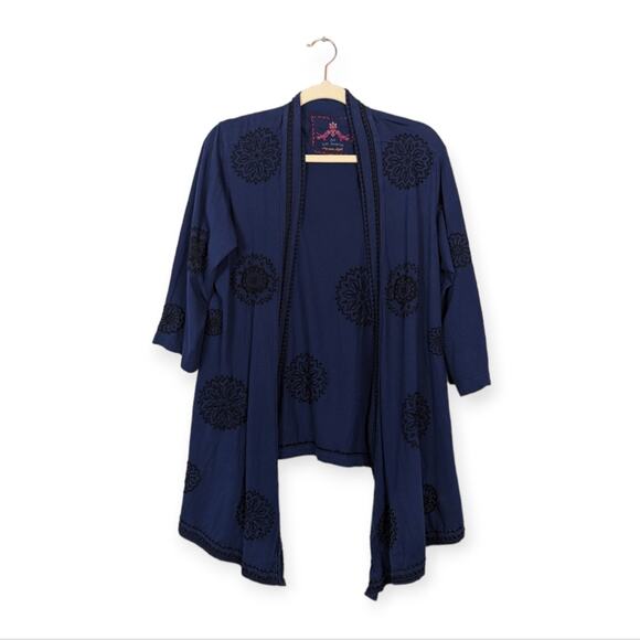 Johnny Was Navy Black Embroidered Draped Open Cardigan Size XS
